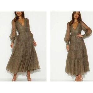 Sheer Crinkle Tiered Maxi Dress Women's S Khaki Ethereal Romantic Coquette Chic